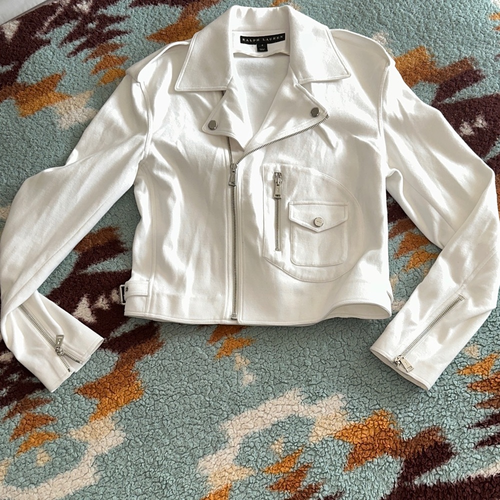 $695 BLACK LABEL Ralph Lauren COTTON BLEND  White MOTORCYCLE Jacket ZIP UP 4